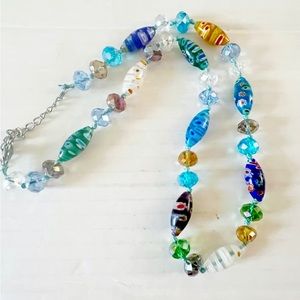 Millefiori Twist Blue Italian Glass Beaded Necklace